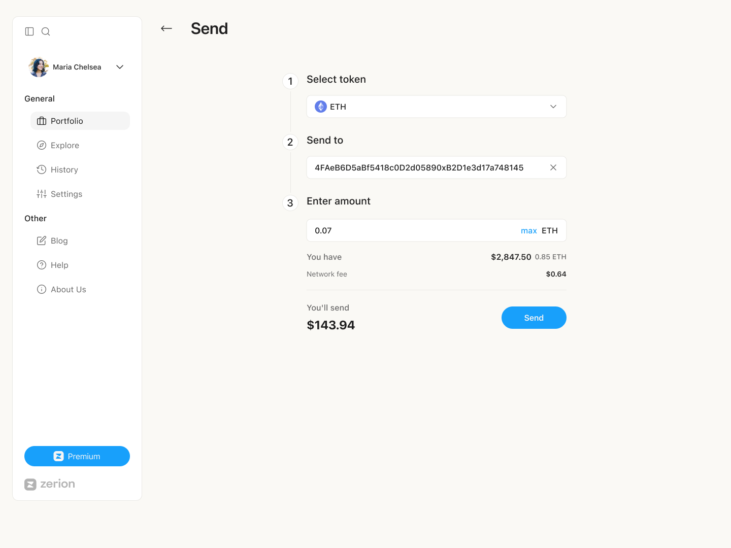 Final design — desktop send flow